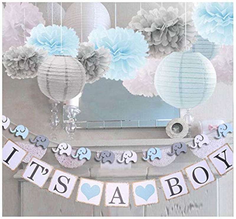 luckylibra Boy baby shower decorations, It is a Boy Banners Elephant Garland and Paper Lantern Paper Flower Pom Poms ï¼ˆBlue White Greyï¼‰ - Image 1